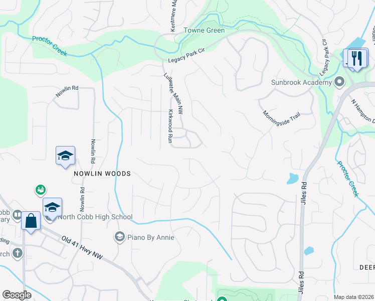 map of restaurants, bars, coffee shops, grocery stores, and more near 3786 Kirkwood Run in Kennesaw