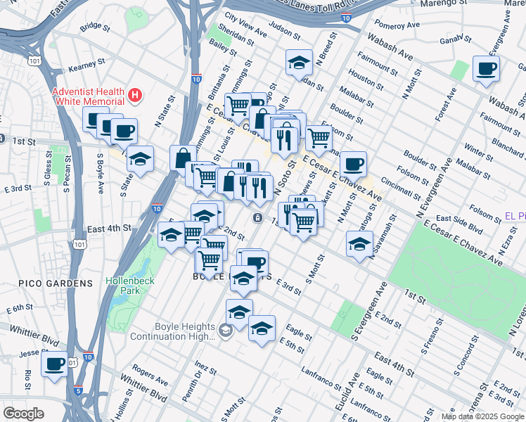 map of restaurants, bars, coffee shops, grocery stores, and more near 2311 East 1st Street in Los Angeles