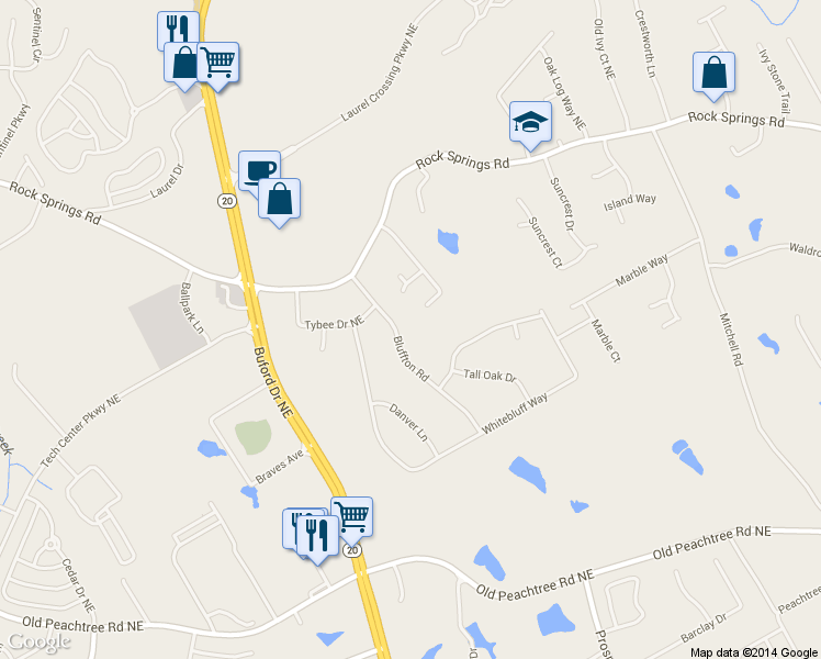 map of restaurants, bars, coffee shops, grocery stores, and more near 2671 Bluffton Road in Buford