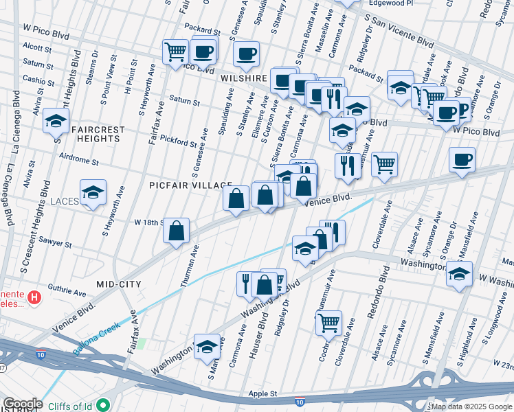map of restaurants, bars, coffee shops, grocery stores, and more near 5570 Airdrome Street in Los Angeles