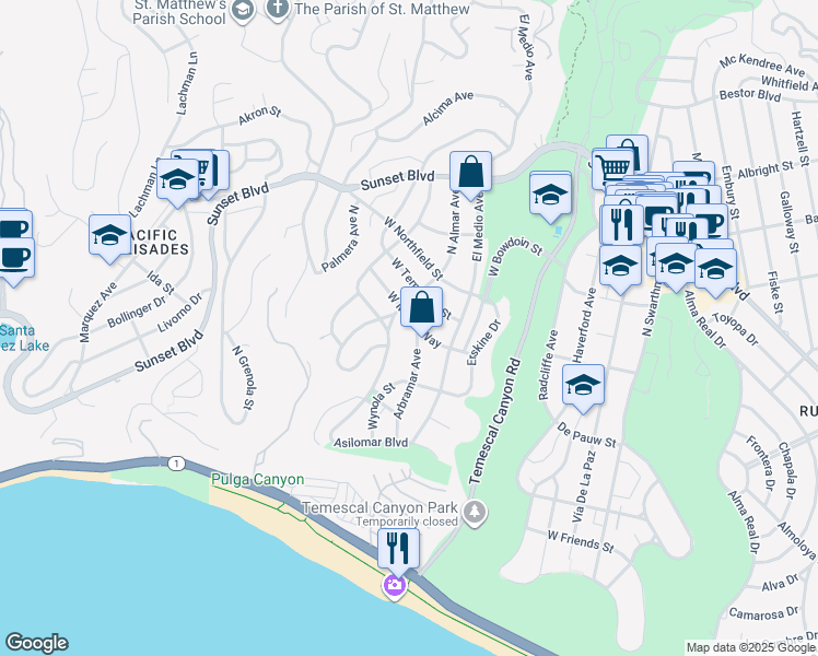 map of restaurants, bars, coffee shops, grocery stores, and more near 15952 West Miami Way in Los Angeles