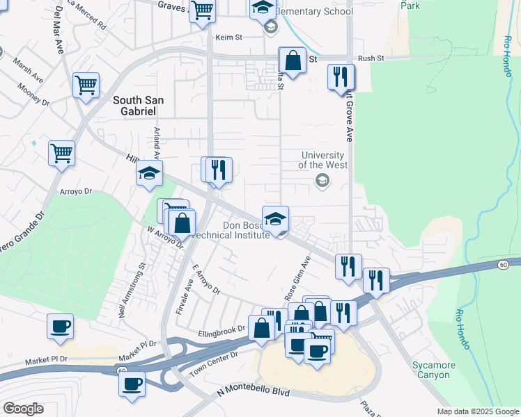 map of restaurants, bars, coffee shops, grocery stores, and more near 1234 San Gabriel Boulevard in Rosemead