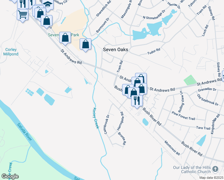 map of restaurants, bars, coffee shops, grocery stores, and more near 3700 Bush River Road in Columbia