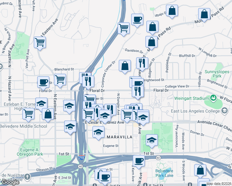 map of restaurants, bars, coffee shops, grocery stores, and more near 4656 Floral Drive in Los Angeles