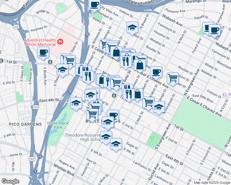 map of restaurants, bars, coffee shops, grocery stores, and more near 2327 1st Street in Los Angeles
