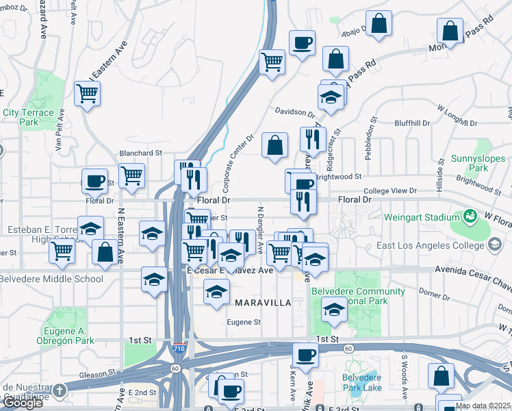 map of restaurants, bars, coffee shops, grocery stores, and more near 4642 Floral Drive in East Los Angeles