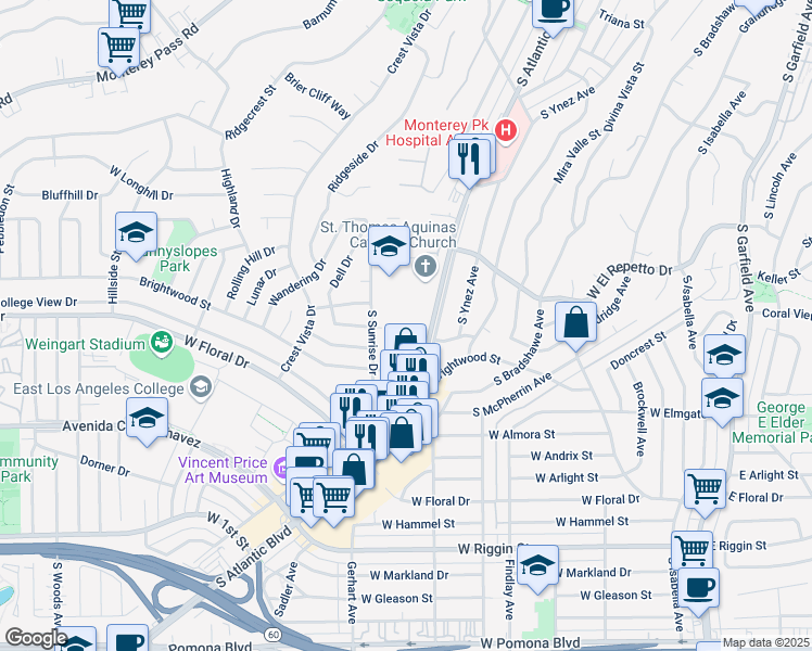 map of restaurants, bars, coffee shops, grocery stores, and more near 1801 South Atlantic Boulevard in Monterey Park