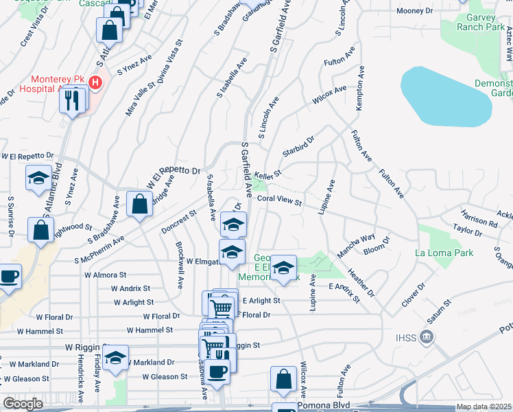 map of restaurants, bars, coffee shops, grocery stores, and more near 1790 South Garfield Avenue in Monterey Park