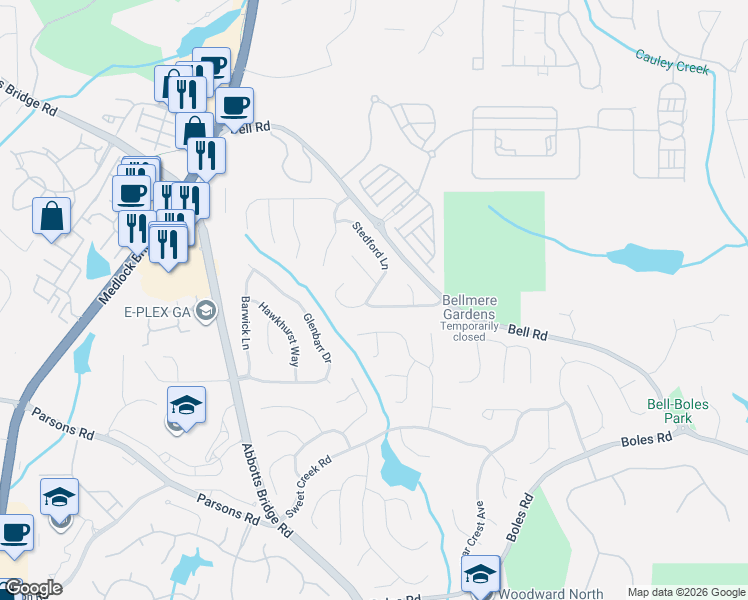 map of restaurants, bars, coffee shops, grocery stores, and more near 490 Stedford Lane in Duluth