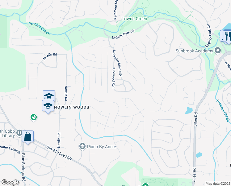 map of restaurants, bars, coffee shops, grocery stores, and more near 3798 Kirkwood Run in Kennesaw