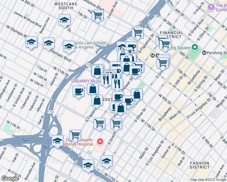 map of restaurants, bars, coffee shops, grocery stores, and more near 1040 South Figueroa Street in Los Angeles