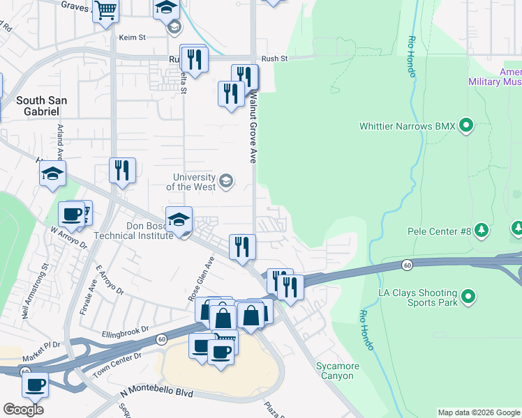 map of restaurants, bars, coffee shops, grocery stores, and more near 1224 Walnut Grove Avenue in Rosemead