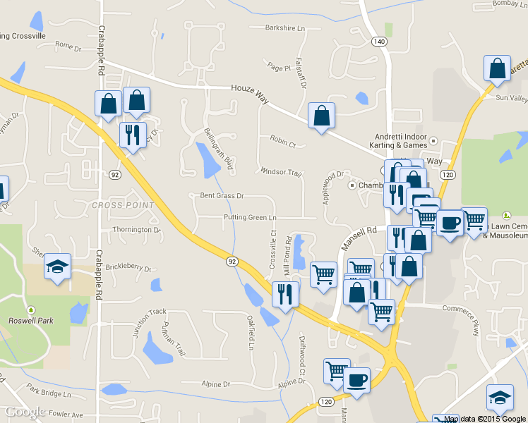 map of restaurants, bars, coffee shops, grocery stores, and more near 290 Putting Green Lane in Roswell