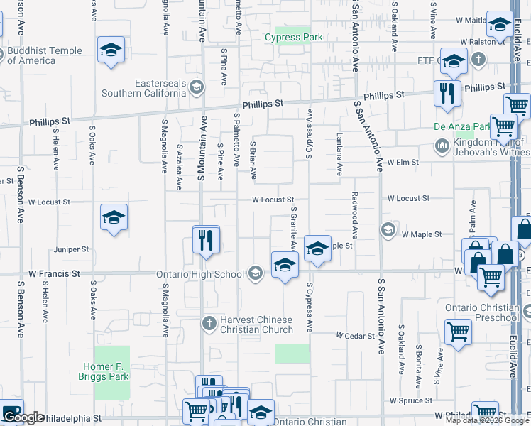 map of restaurants, bars, coffee shops, grocery stores, and more near 1626 South Boulder Avenue in Ontario