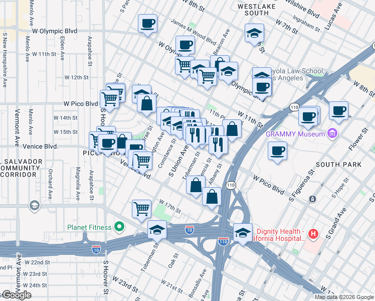 map of restaurants, bars, coffee shops, grocery stores, and more near 1558 West Pico Boulevard in Los Angeles