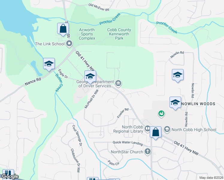 map of restaurants, bars, coffee shops, grocery stores, and more near 3598 Darcy Court in Kennesaw