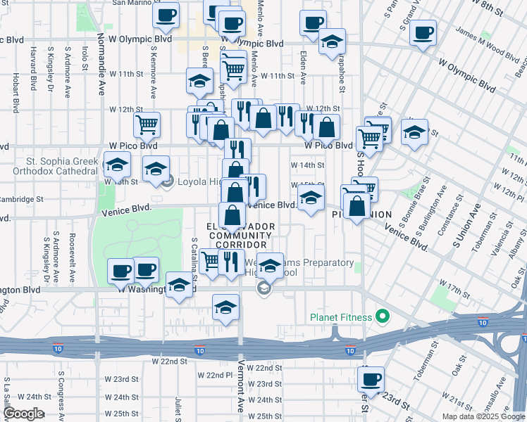 map of restaurants, bars, coffee shops, grocery stores, and more near 1606 Menlo Avenue in Los Angeles