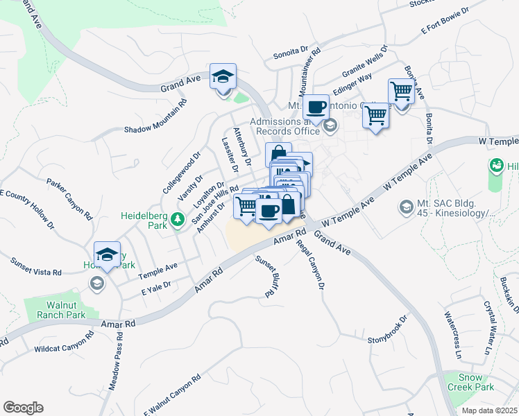 map of restaurants, bars, coffee shops, grocery stores, and more near 1359 Point Loma Place in Walnut