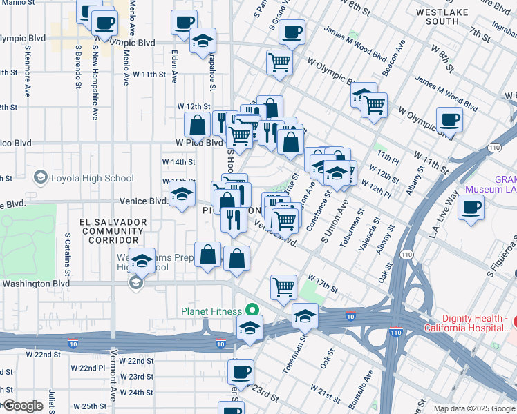 map of restaurants, bars, coffee shops, grocery stores, and more near 1433 Malvern Avenue in Los Angeles