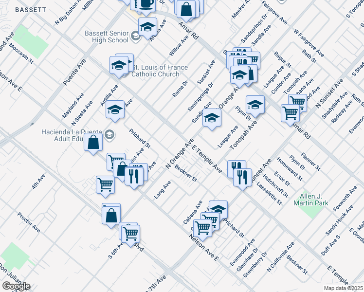 map of restaurants, bars, coffee shops, grocery stores, and more near 547 North Orange Avenue in La Puente