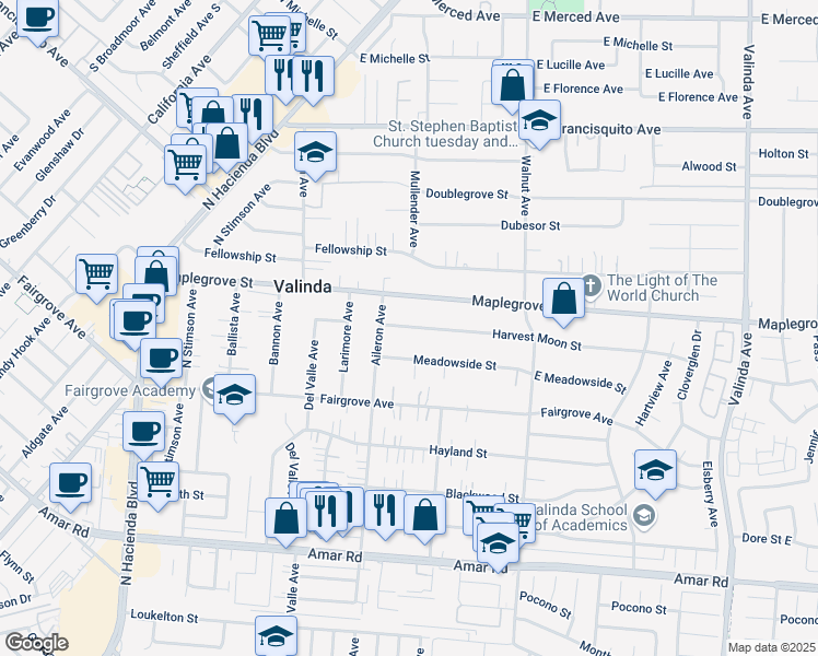 map of restaurants, bars, coffee shops, grocery stores, and more near 15828 Harvest Moon Street in La Puente