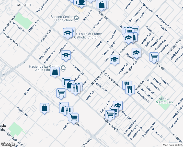 map of restaurants, bars, coffee shops, grocery stores, and more near 503 Sandia Avenue in La Puente