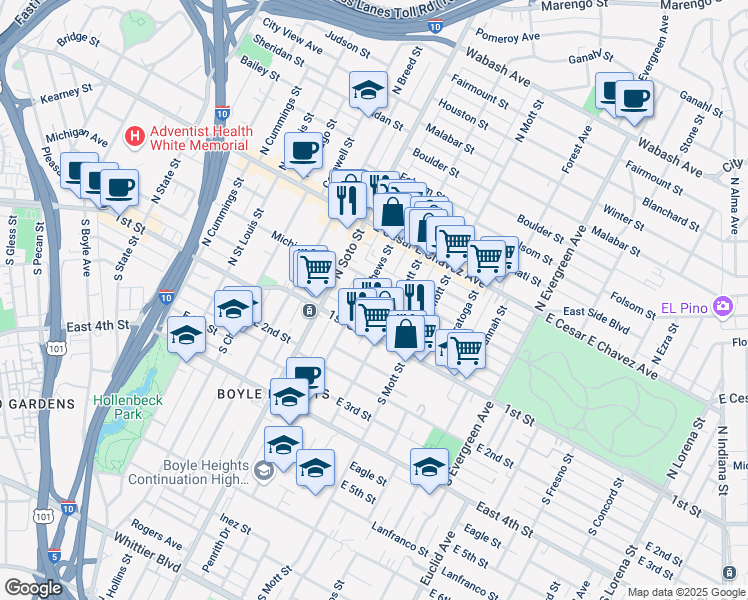 map of restaurants, bars, coffee shops, grocery stores, and more near 2511 Pennsylvania Avenue in Los Angeles
