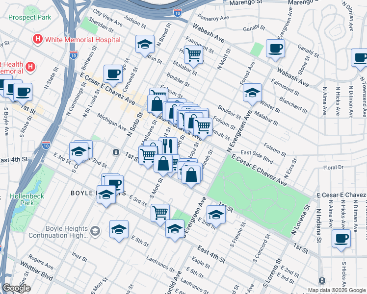 map of restaurants, bars, coffee shops, grocery stores, and more near 318 North Mott Street in Los Angeles