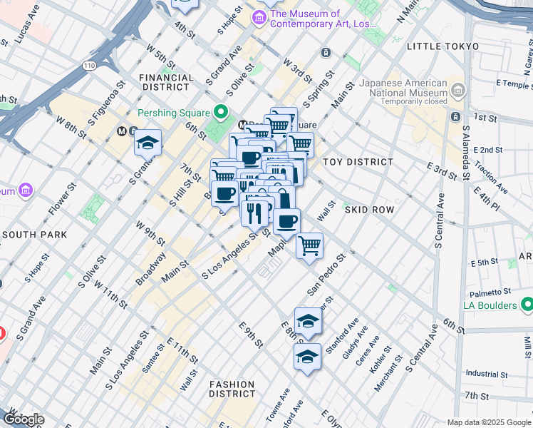 map of restaurants, bars, coffee shops, grocery stores, and more near 208 East 6th Street in Los Angeles