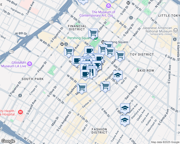 map of restaurants, bars, coffee shops, grocery stores, and more near 226 West 8th Street in Los Angeles