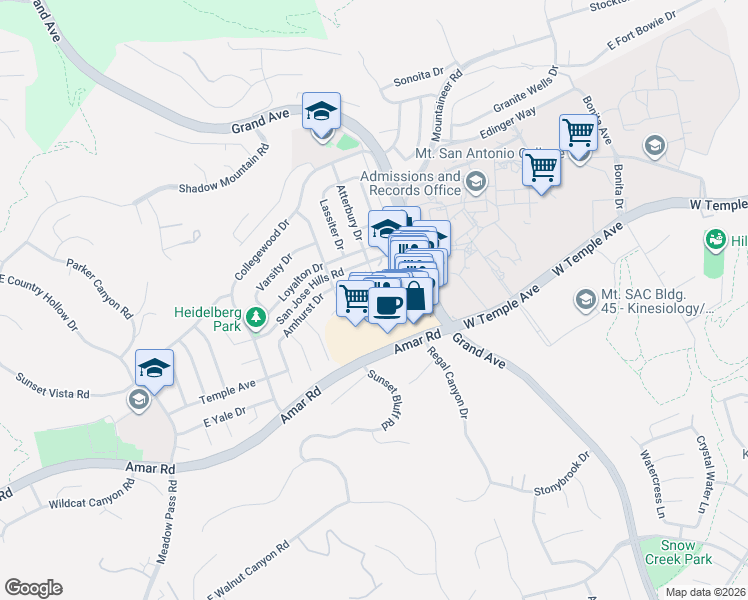 map of restaurants, bars, coffee shops, grocery stores, and more near 1358 Point Loma Place in Walnut