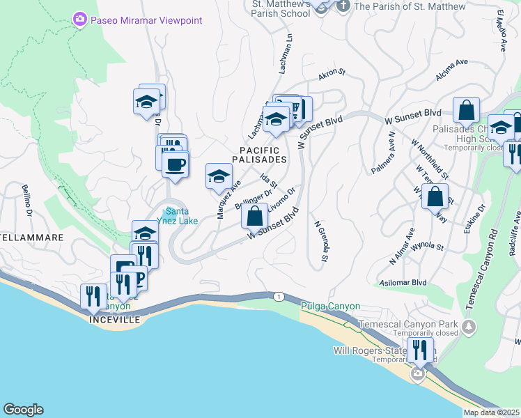 map of restaurants, bars, coffee shops, grocery stores, and more near 16861 Livorno Drive in Los Angeles