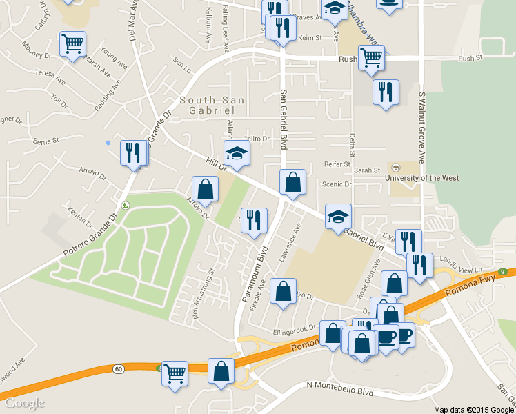 map of restaurants, bars, coffee shops, grocery stores, and more near 1129 Pollock Street in Rosemead