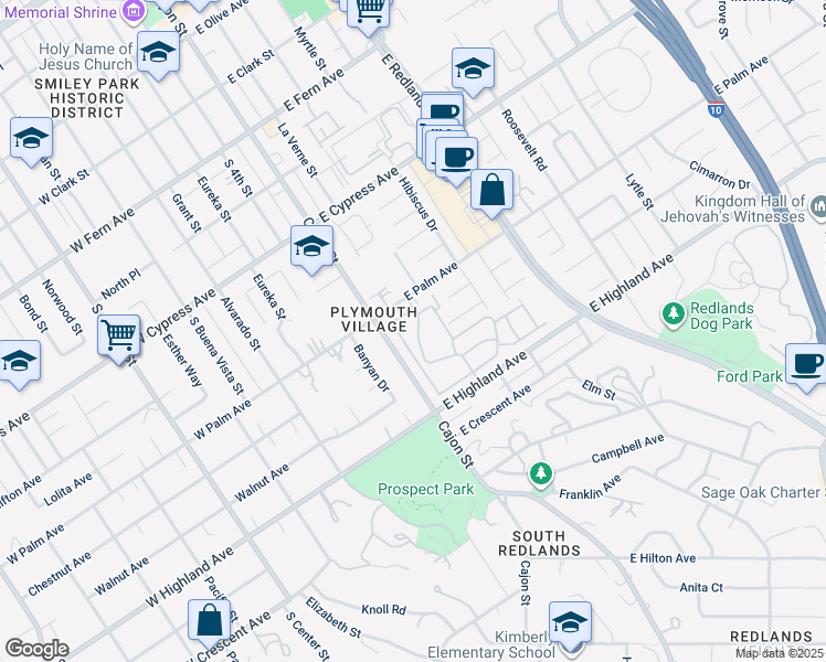 map of restaurants, bars, coffee shops, grocery stores, and more near 814 Salem Drive in Redlands