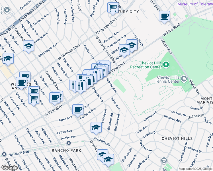 map of restaurants, bars, coffee shops, grocery stores, and more near 10508 Ayres Avenue in Los Angeles