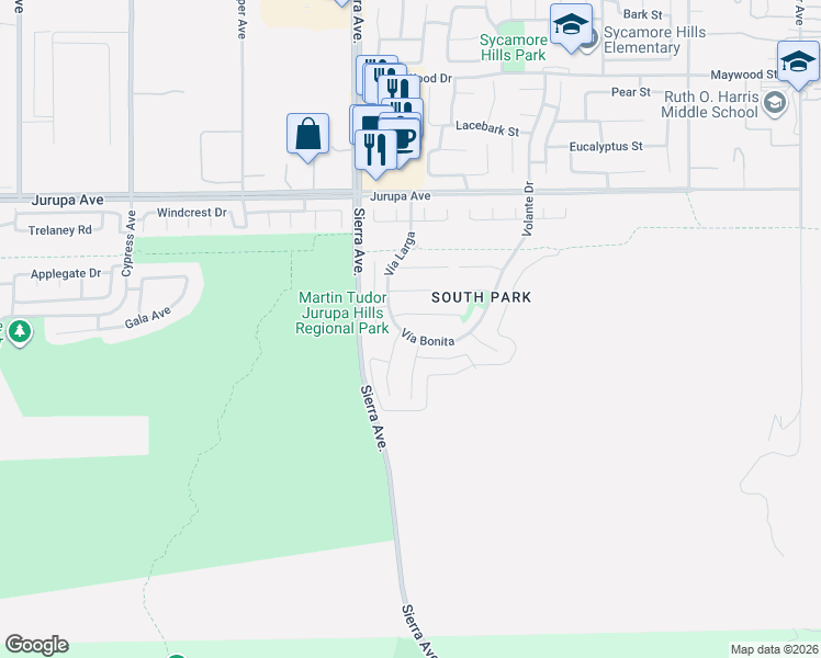 map of restaurants, bars, coffee shops, grocery stores, and more near 16998 Volante Drive in Fontana