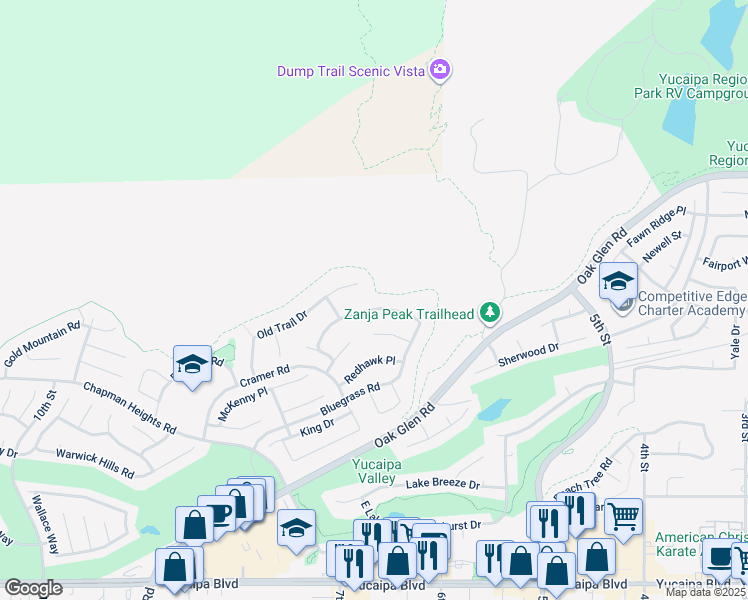 map of restaurants, bars, coffee shops, grocery stores, and more near 33960 Golden Crown Way in Yucaipa