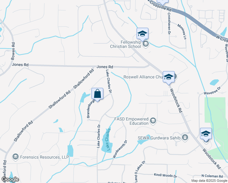 map of restaurants, bars, coffee shops, grocery stores, and more near 1285 Lake Charles Drive in Roswell
