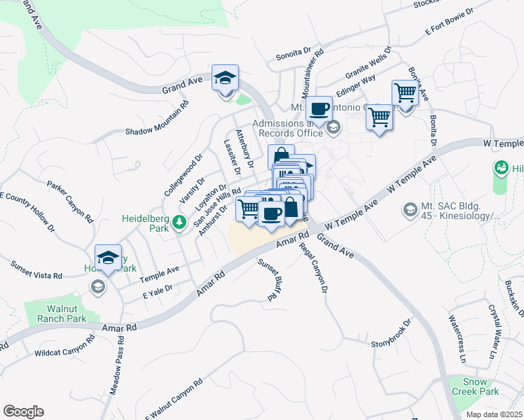 map of restaurants, bars, coffee shops, grocery stores, and more near 1359 Point Loma Place in Walnut