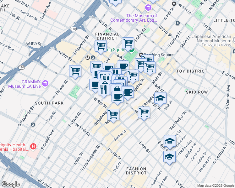 map of restaurants, bars, coffee shops, grocery stores, and more near 320 West 8th Street in Los Angeles