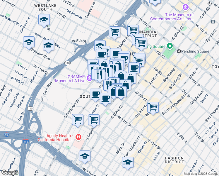 map of restaurants, bars, coffee shops, grocery stores, and more near 960 South Hope Street in Los Angeles