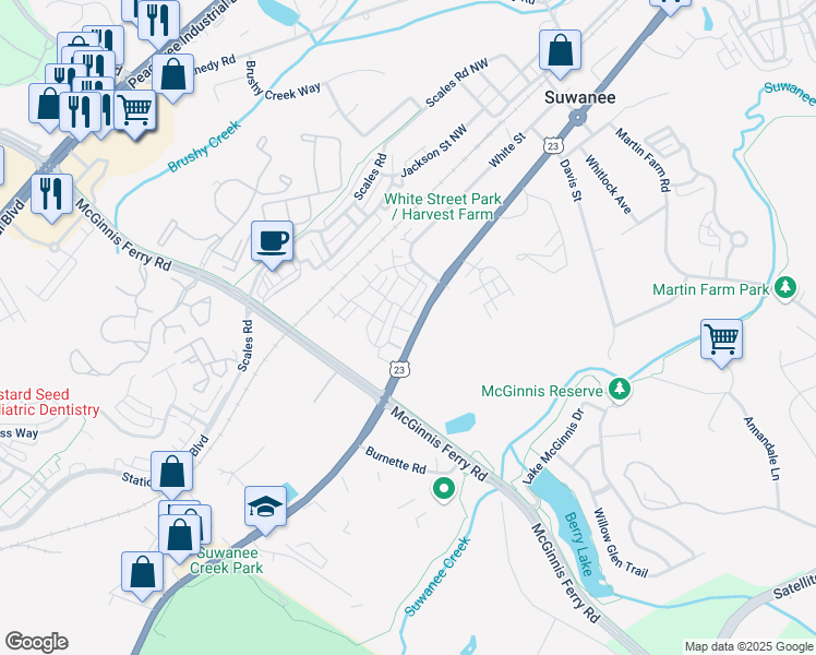 map of restaurants, bars, coffee shops, grocery stores, and more near 3343 Acorn Harvest Lane in Suwanee