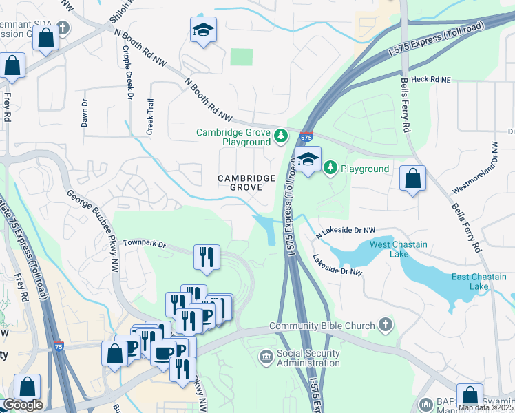 map of restaurants, bars, coffee shops, grocery stores, and more near 321 Ethridge Drive Northwest in Kennesaw