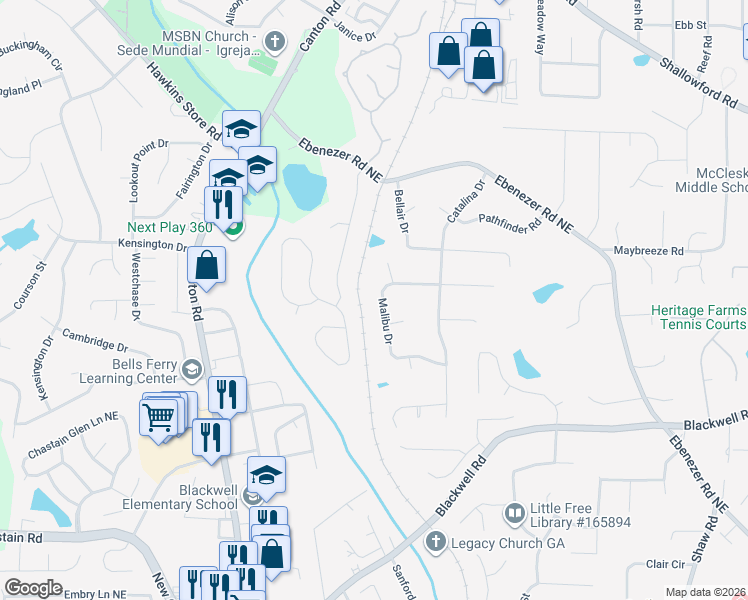 map of restaurants, bars, coffee shops, grocery stores, and more near 1023 Malibu Drive in Marietta