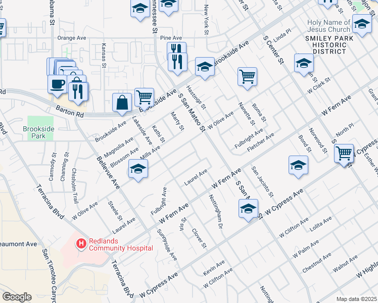 map of restaurants, bars, coffee shops, grocery stores, and more near 1230 San Pablo Avenue in Redlands