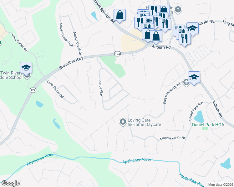 map of restaurants, bars, coffee shops, grocery stores, and more near 2482 Lance Ridge Way Northeast in Buford