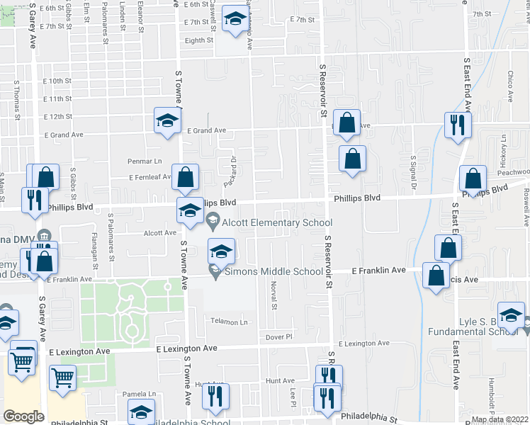 map of restaurants, bars, coffee shops, grocery stores, and more near 1024 East Phillips Boulevard in Pomona
