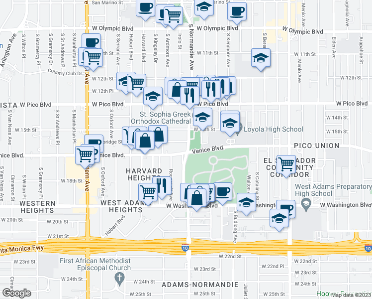 map of restaurants, bars, coffee shops, grocery stores, and more near 2013 Normandie Avenue in Los Angeles