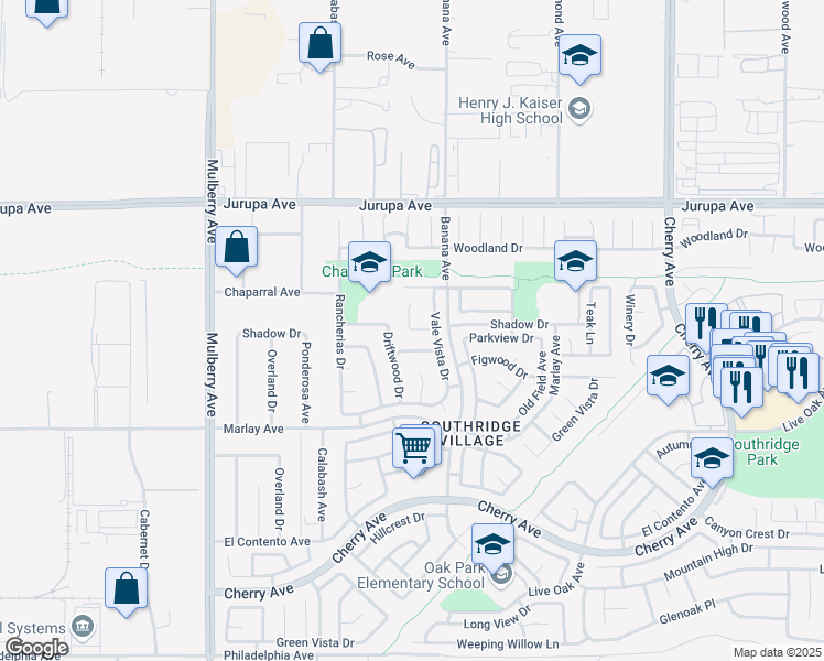 map of restaurants, bars, coffee shops, grocery stores, and more near 14000 Shadow Drive in Fontana