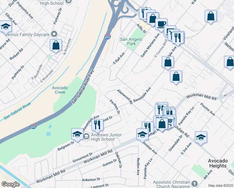 map of restaurants, bars, coffee shops, grocery stores, and more near 553 Hilbert Avenue in La Puente